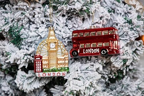 Miniatura 4 de Paquete de 2 adornos de Navidad de vidrio soplado a mano de Londres, adorno de vidrio para autobús de dos pisos y adornos de Londres para árbol de