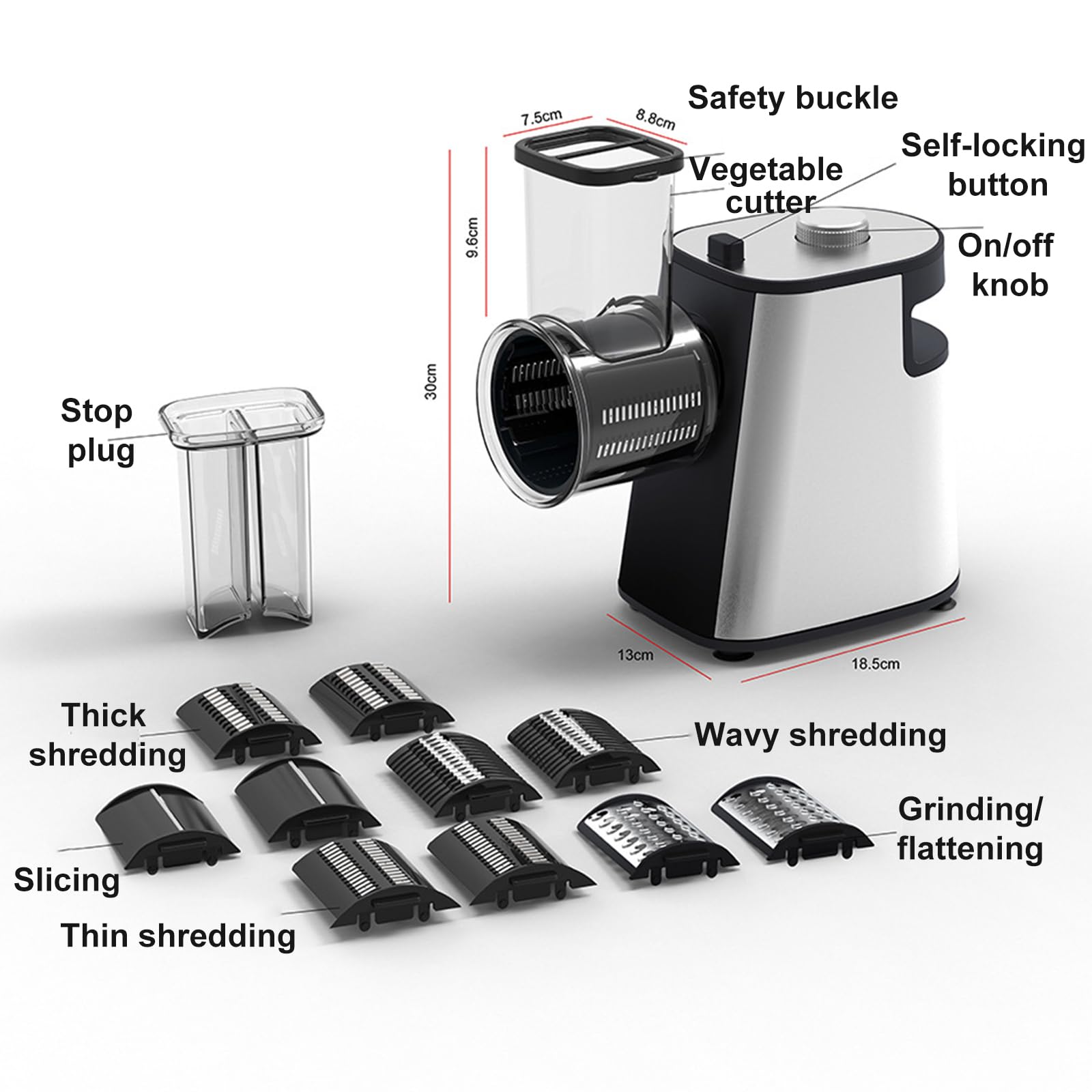 Grattugia elettrica Professionale per Verdure, affettatrice elettrica con 5 Lame in Acciaio Inox e Diametro di 7,5 cm, Tritatutto Multifunzionale per Frutta/Verdura/Formaggi