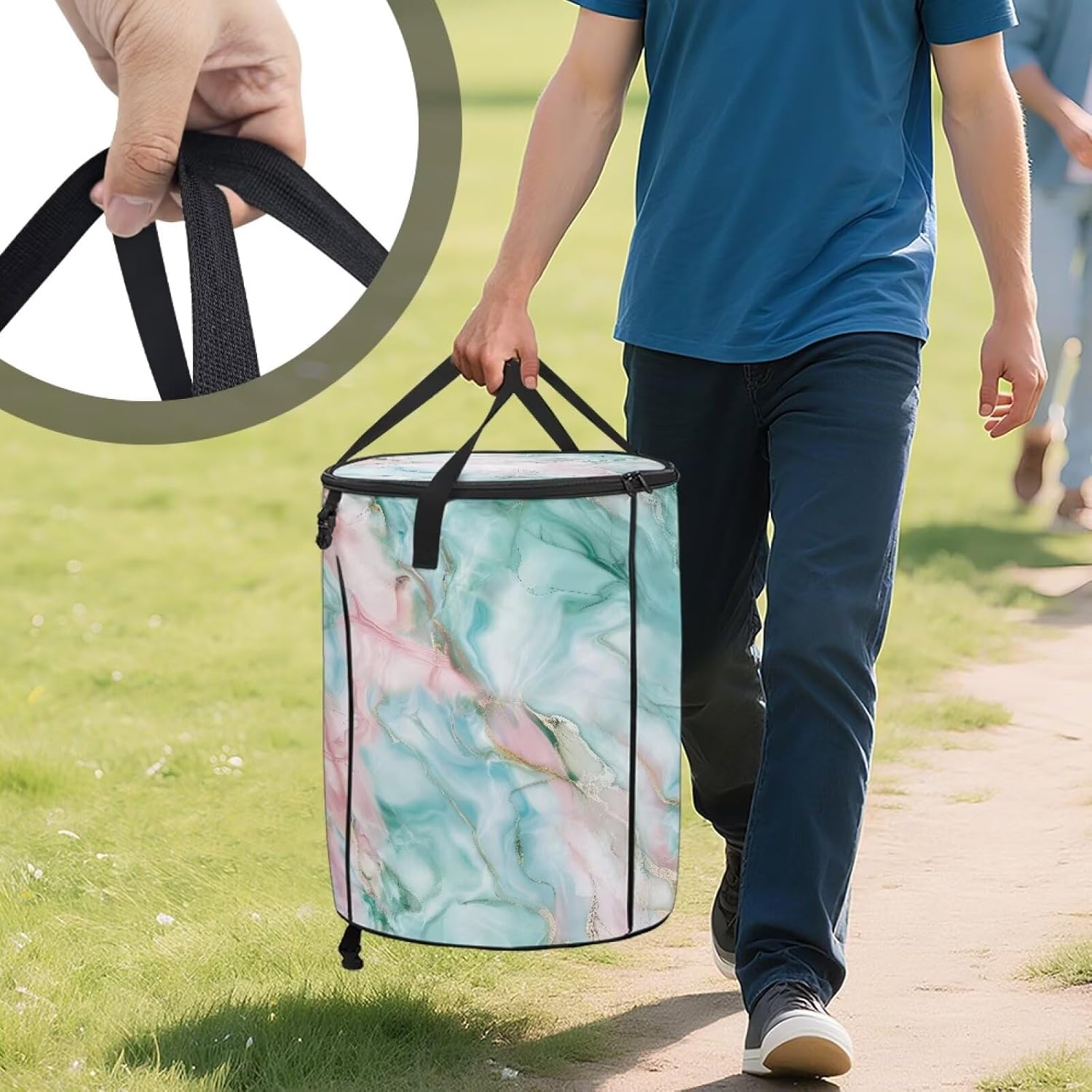 doginthehole Teal Pink Marble Portable Trash Can Large Foldable Big Camping Can with Lid Storage Bag Pop Up Trash Cans for Parties, 22.83x17.71 in