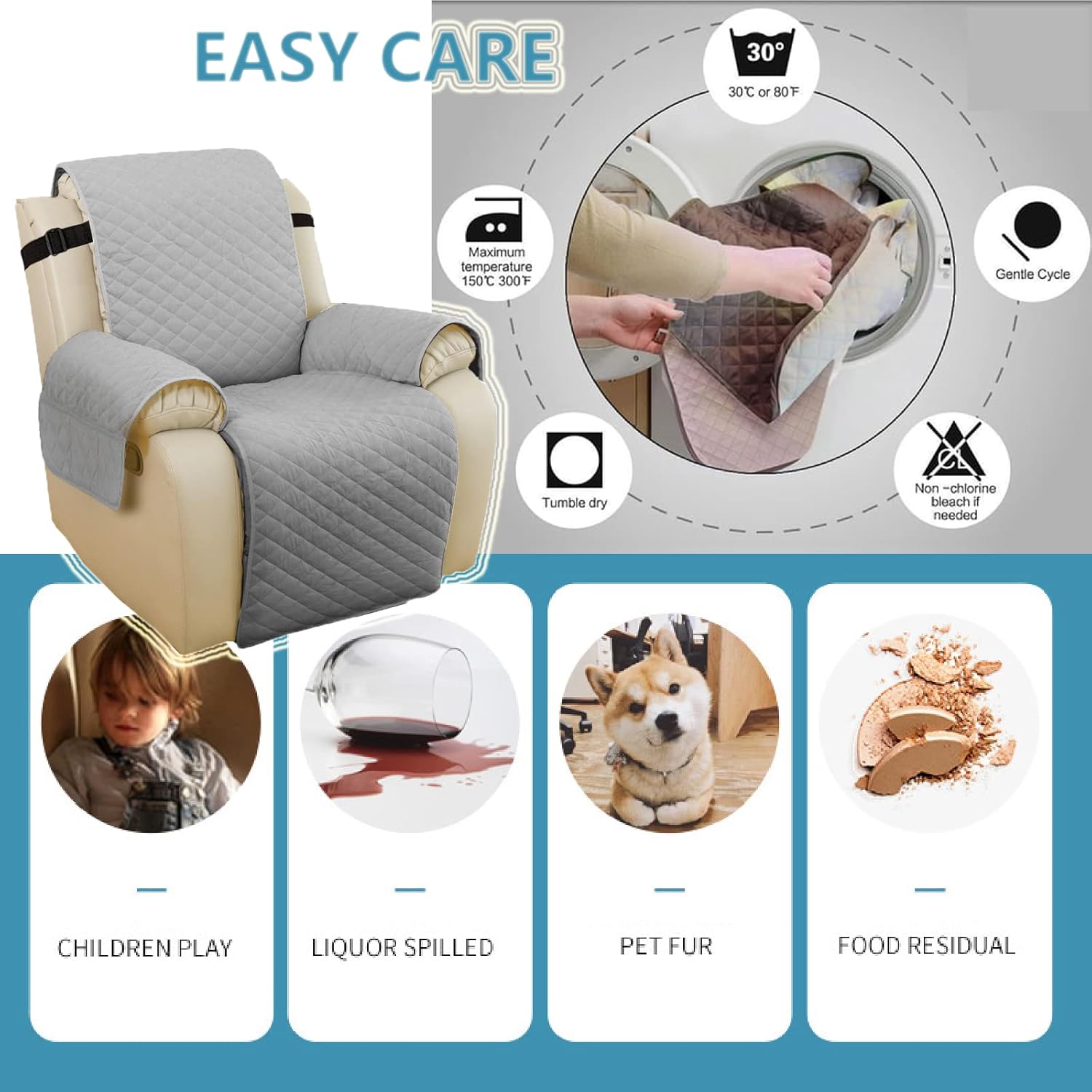 Non-Slip Recliner Chair Cover, Water Resistant Sofa Slipcover, Diamond-Shape Quilted Reclining Sofa Covers with Elastic Straps & Pockets, Couch Protector for Pets, Kids (Peacock Blue,Recliner)