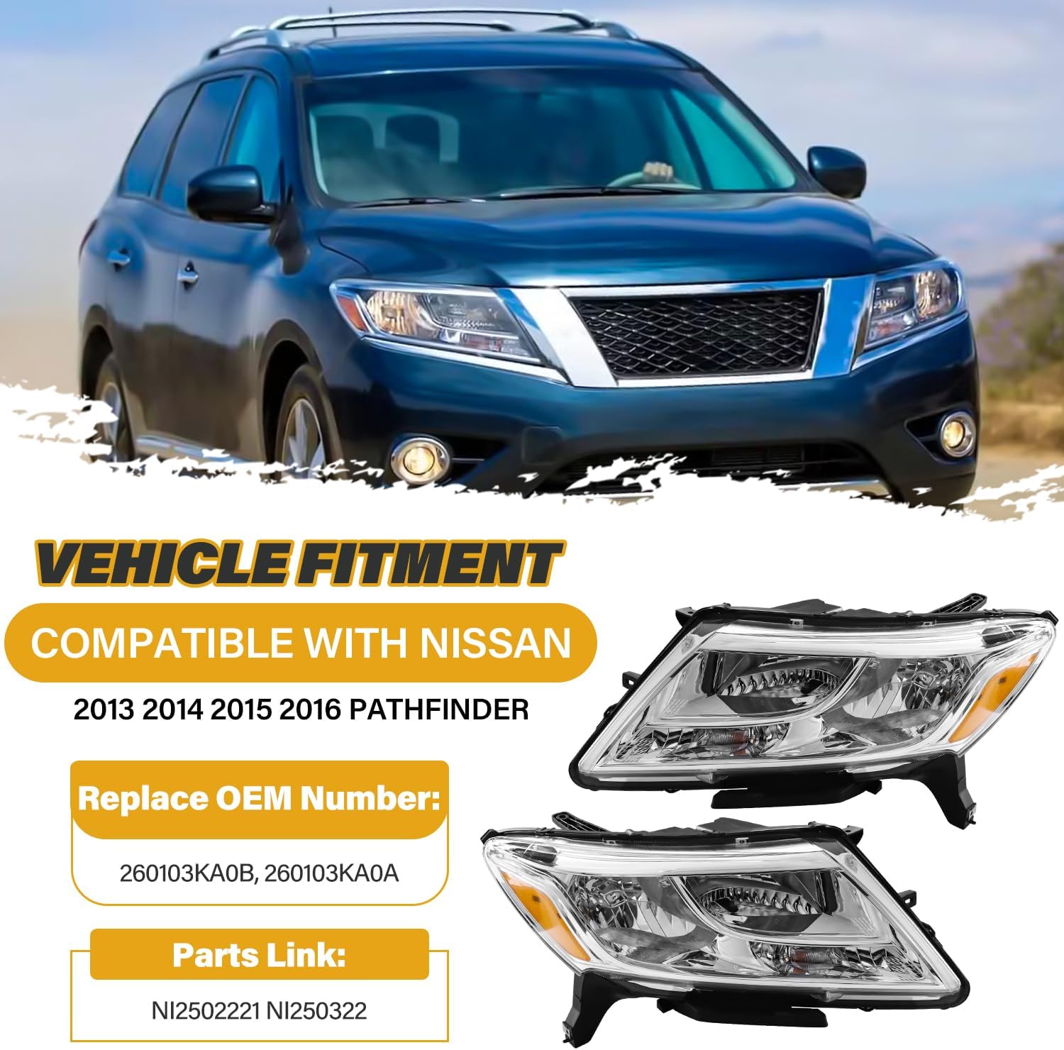 Headlight Assembly Compatible with Nissan Pathfinder 2013-2016, Halogen Headlamp Replacements for NI2502221 NI250322 26060-3KA0B 26010-3KA0B, w/o High/Low Beam, Chrome Housing Amber Reflector