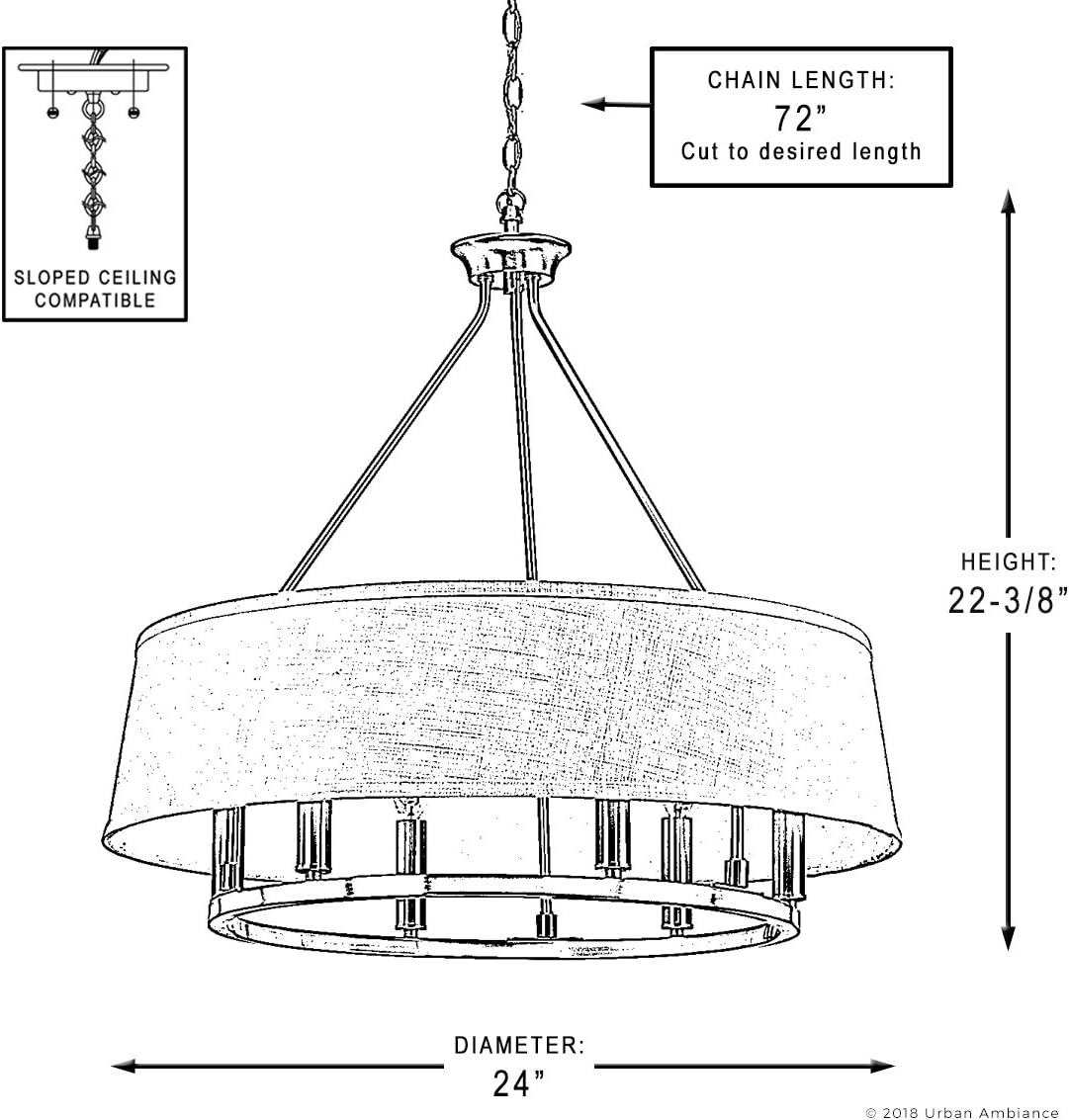 Urban Ambiance Luxury Cosmopolitan Chandelier, Large Size: 22.375" H x 24" W, with Transitional Style Elements, Brushed Nickel Finish and White Linen Shade, UHP2182, Marsala Collection
