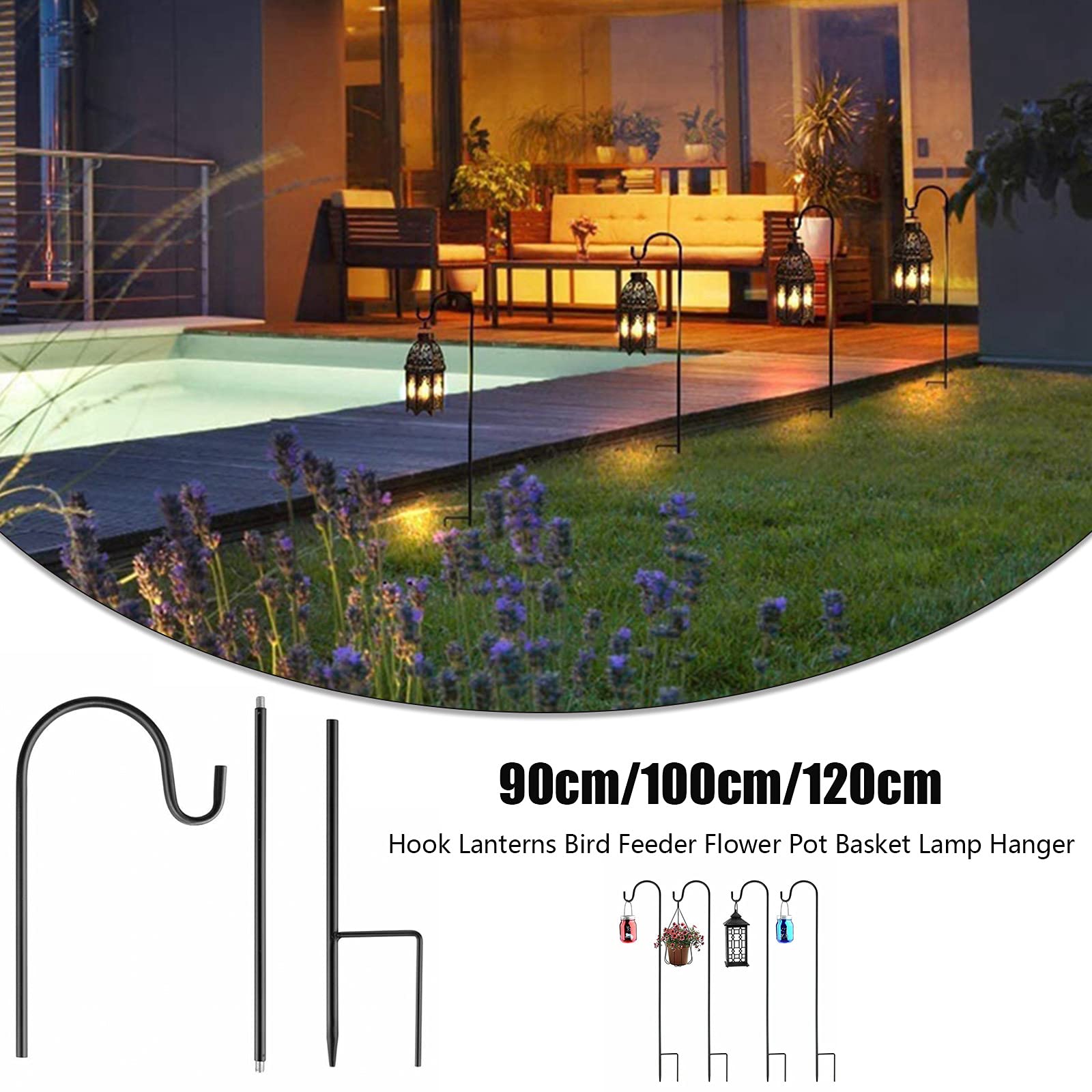 WMLBK Shepherds Crook Hooks, Metal Black Stake Stand Hangers Garden 3 Section Stitching Hooks Bird Feeder Poles for Garden Plant Lights Weddings Flower Ball Plant Baskets Lantern (90cm) - Image 4