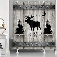 Vista 2 de Camille&Andrew - Juego de 4 cortinas de ducha de tela de ciervo rústico negro, alce, alce, pino, luna, casa de campo, panel rústico, tablero