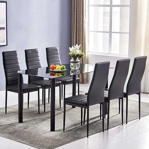 Miniatura 3 de WYKDD - Juego de sillas de mesa de comedor de 6 plazas, incluye 1 mesa de comedor de vidrio templado + 6 sillas de comedor con respaldo alto, color