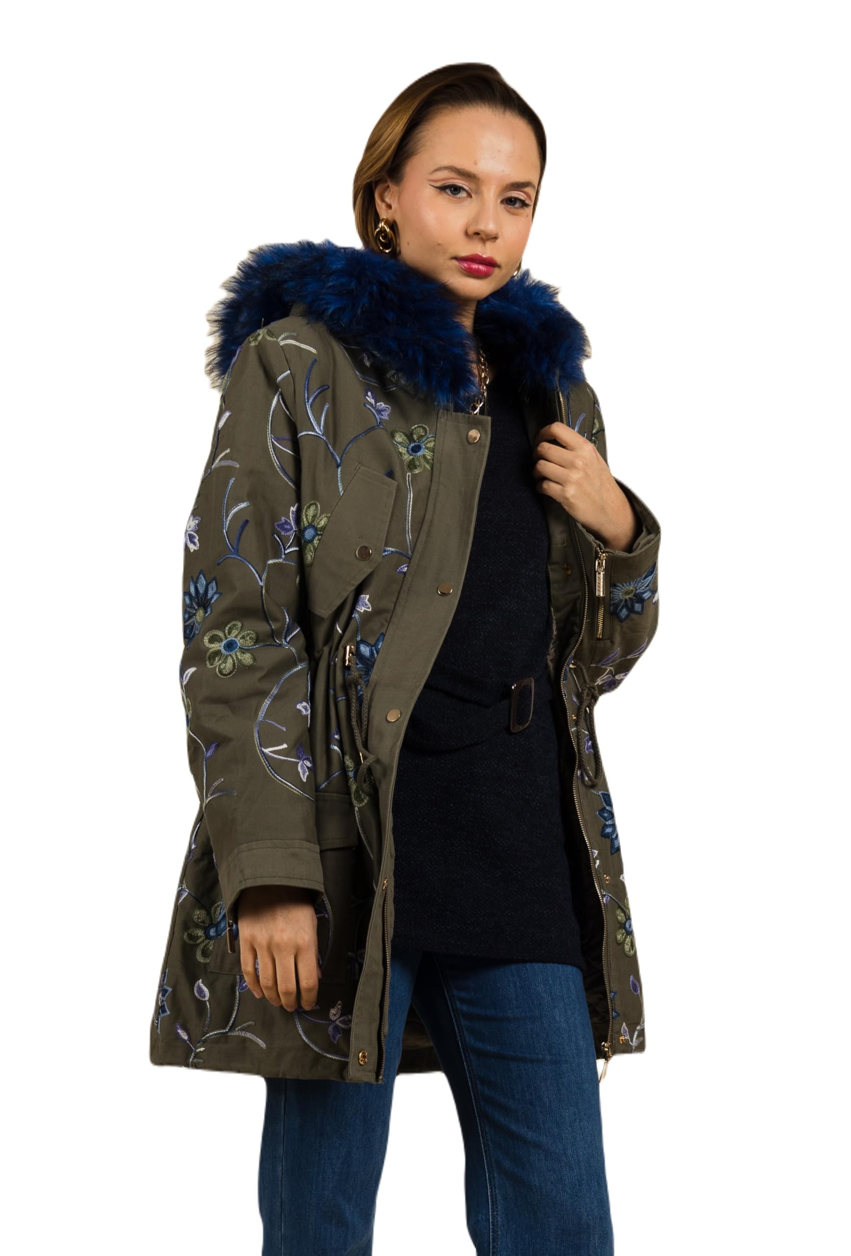 MULTIPLES Manteau kaki brodé de fleurs avec capuche en fourrure bleu, Grande taille disponible, Fabriqué en France