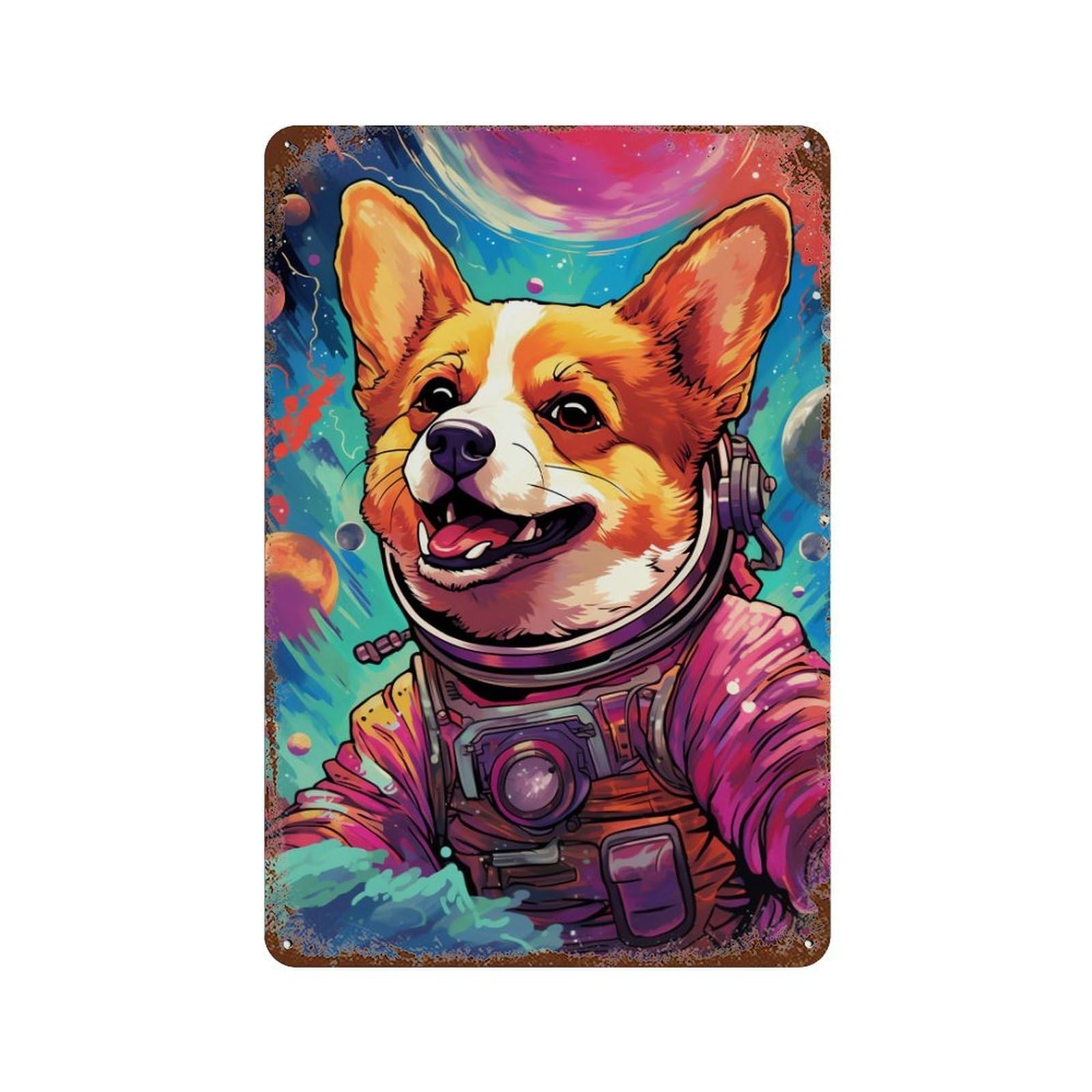 Corgi Astronaut in Space -17 Rusty Metal Tin Sign 11.8"x7.9", Ideal for Patio, Garden Room And Bar Decor