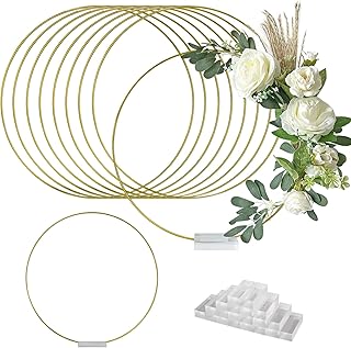 TEKXYZ 30CM 10 PCS Metal Hoop Dream Catcher Hoop, Gold Floral Hoop Centerpiece for Table with Acrylic Holder Stand, Wreath...
