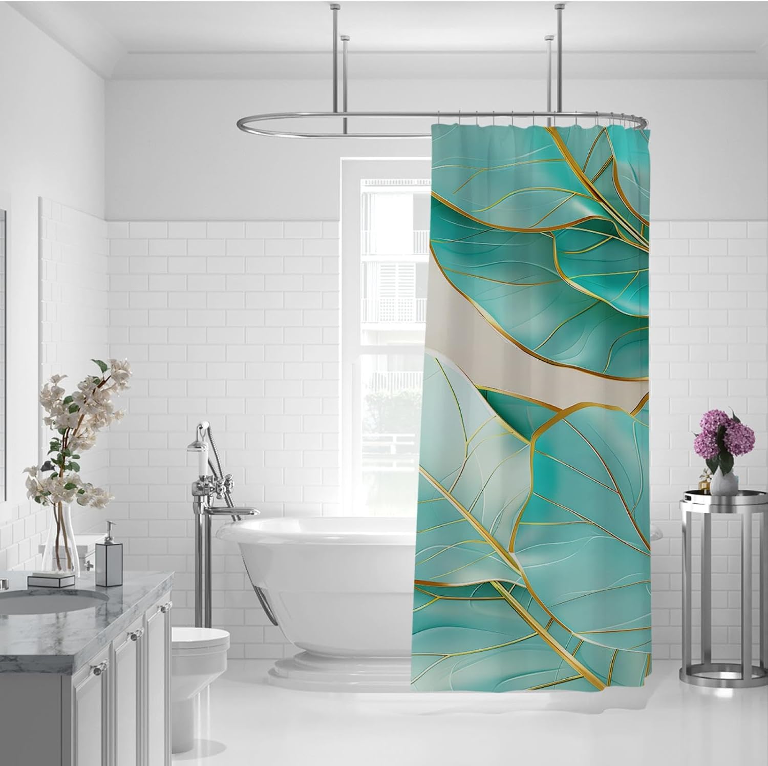Vintage Leaf Extra Long Shower Curtain Liner with Hooks Golden Leave Cloth Shower Curtain Waterproof Bathroom Curtain Machine Washable 78Wx72L