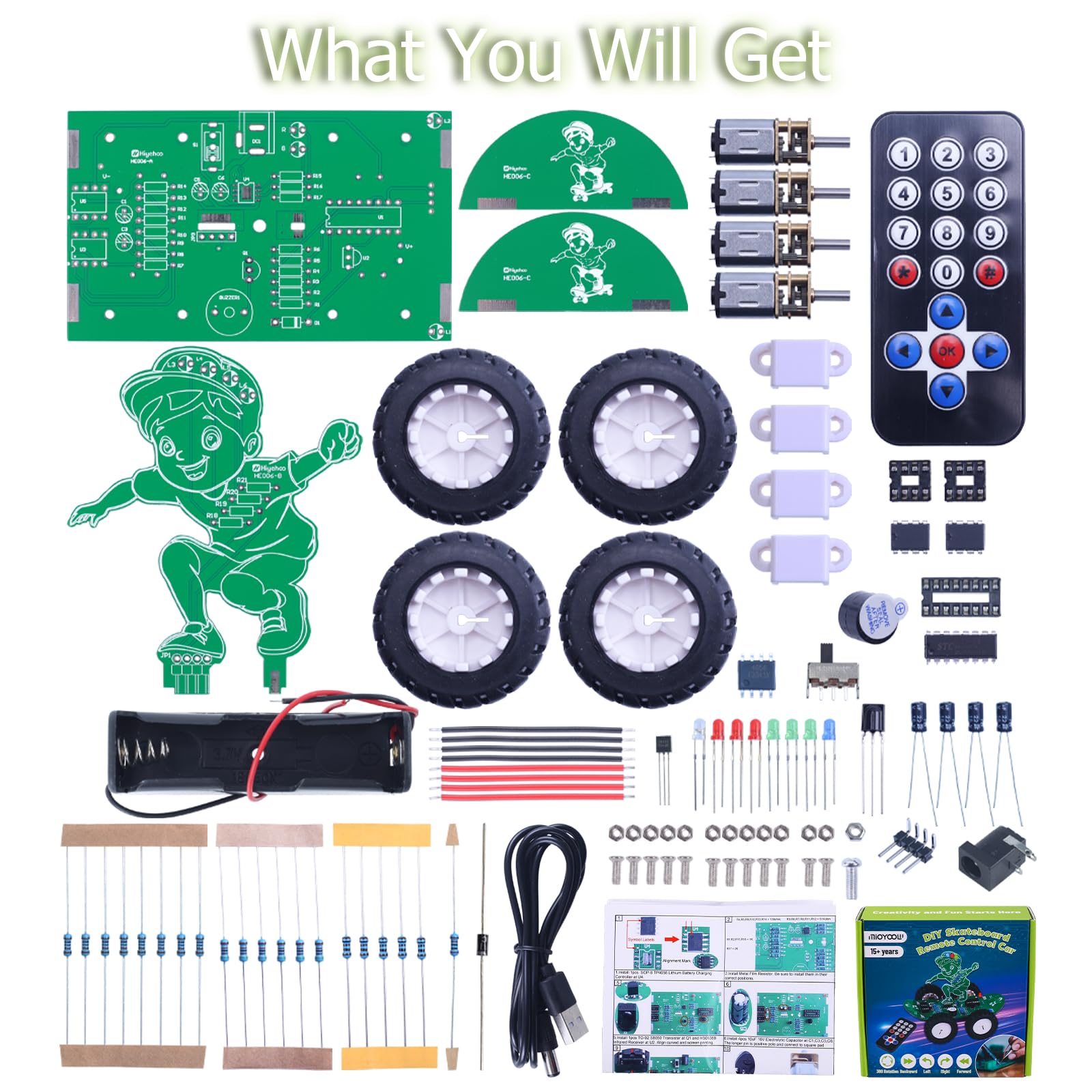 MiOYOOW DIY 360deg Rotating RC Car Kit, 5 Speed Rechargeable Remote Control Soldering Practice Kit, STEM Electronic Learning Projects Outdoor Skateboard Smart Car Toy for 15+ Years Old Presents - Image 2