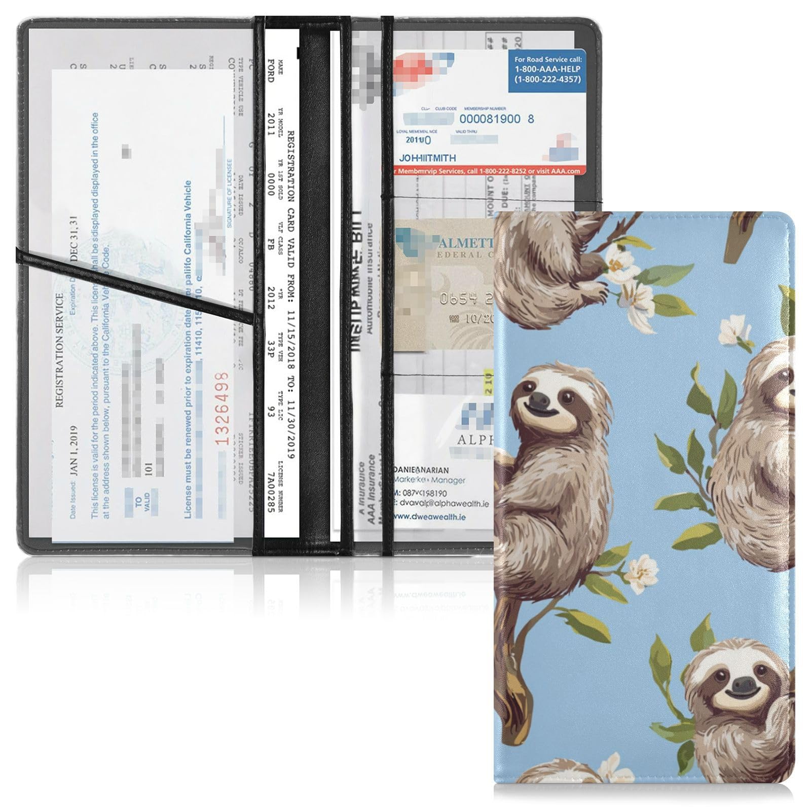 Pu Leather Registration and Insurance Card Holder Men Women Auto Truck Comparment Accessories Case for Essential Document, Driver License, Cards Cartoon Sweet Sloth