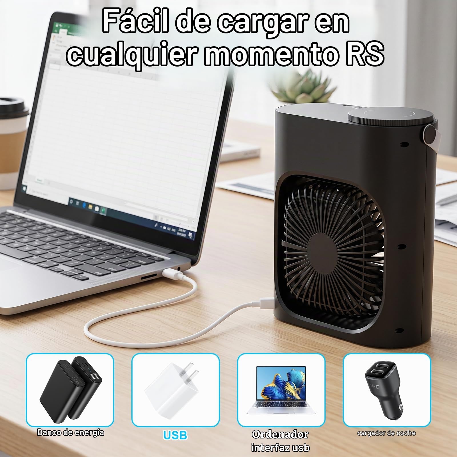 Aire Acondicionado Portatil, GuKKK 4 en 1 Mini Refrigerador de Aire Móvil Ventilador, 900ML Enfriador de Aire, USB Mini Aire Acondicionado, 3 Velocidades de Ventilador, para Hogar (Negro)