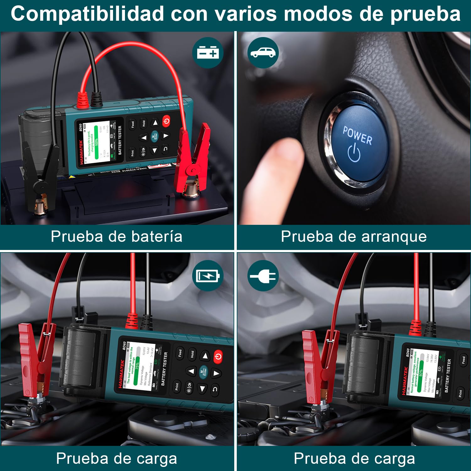 HANMATEK12V/24V Probador de Batería de Automóvil,Probador de Carga 100-2000 CCA, Probador de Alternador Automotriz,Analizador Digital de Batería para Automóvil,Camión,Marina,Motocicleta,SUV- BD60