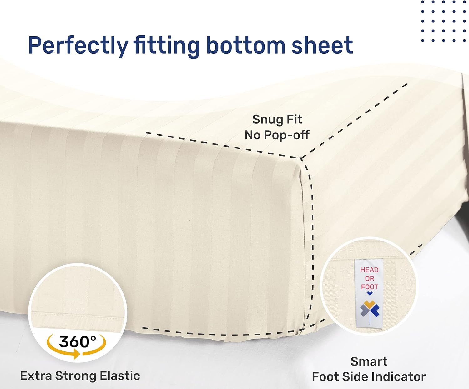 Luxury Hotel Stripe California King Fitted Sheet, Soft 100% Cotton Cooling Sateen, Snug Fits All Mattresses Deep Pocket Bottom Sheet - Foot Side Indicator - Ivory : Home & Kitchen