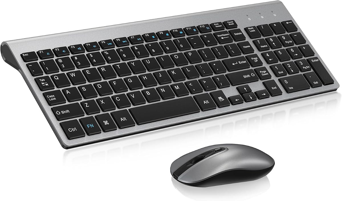 Combo de teclado y mouse inalámbricos - Gris Negro | Teclado compacto con interruptor de tijera y ratón óptico, incluye nanoreceptor USB-A, para ordenador, Mac, portátil, PC, Windows