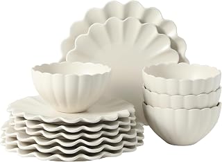 Gibson Elite Bistro Fleur Plates and Bowls Sets, 12-Piece Stoneware Dinnerware Set for 4, Ivory White Scalloped Dish Set with Dinner Plates, Salad Plates & Bowls