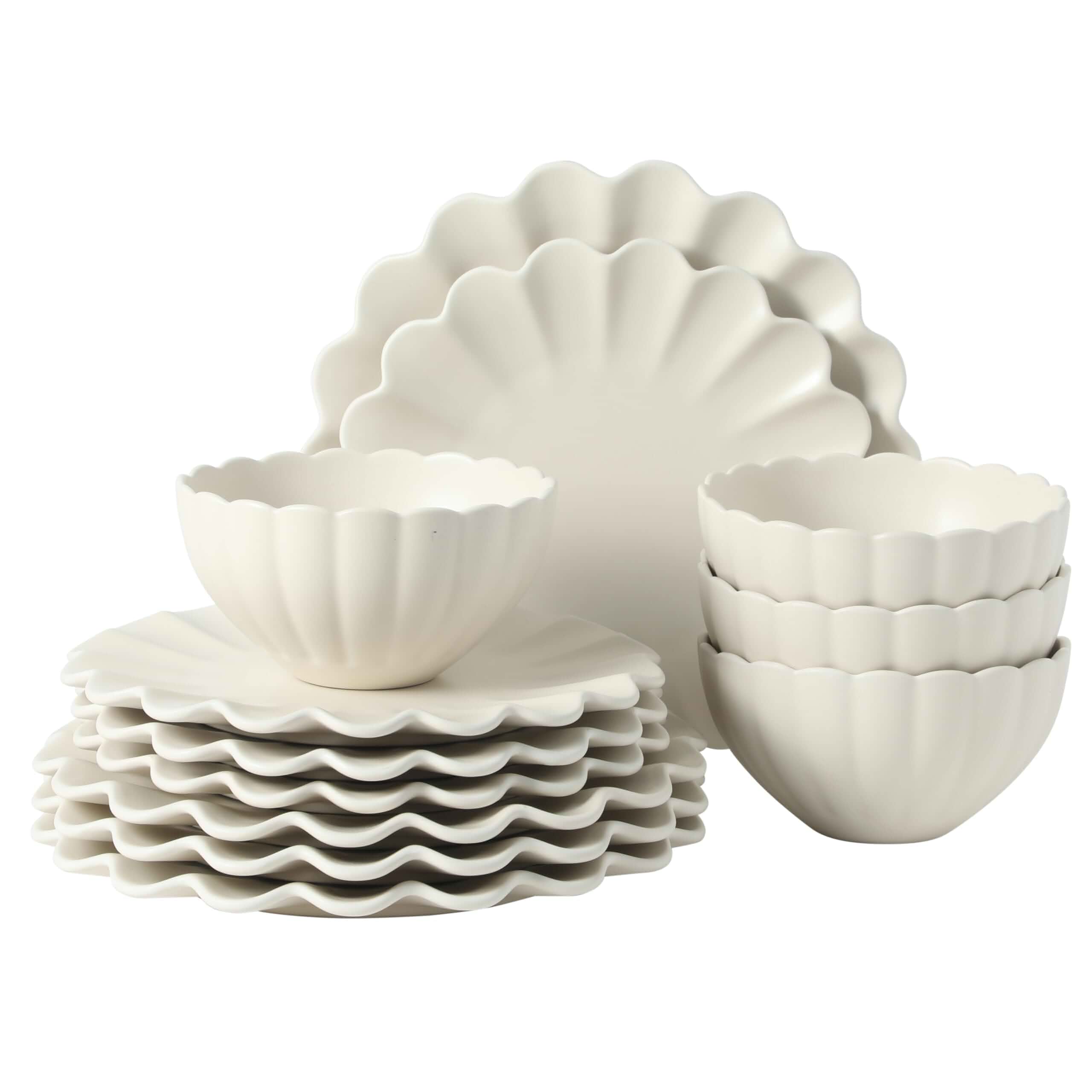 Gibson Elite Bistro Fleur Plates and Bowls Sets, 12-Piece Stoneware Dinnerware Set for 4, Ivory White Scalloped Dish Set with Dinner Plates, Salad Plates & Bowls