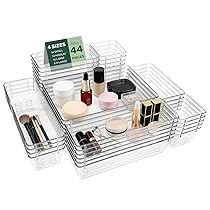 Ribech Set da 44 Scatole Organizzatrici per Cassetti, 4 Misure con Punti Antiscivolo, Organizer Impilabile Trasparente per Trucchi, Cucina, Bagno e Ufficio