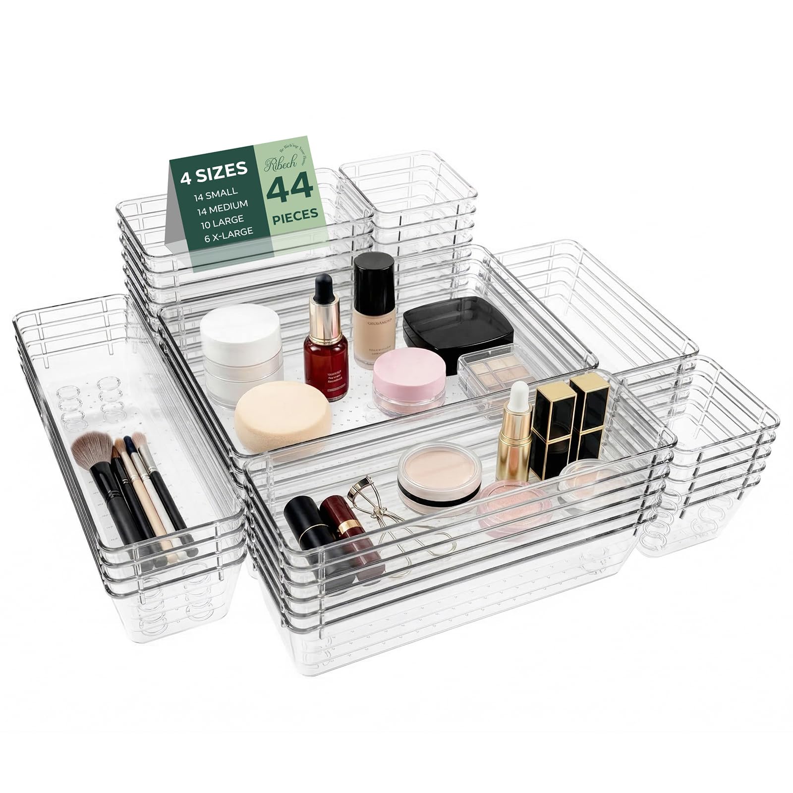 Set da 44 Scatole Organizzatrici per Cassetti, 4 Misure con Punti Antiscivolo, Organizer Impilabile Trasparente per Trucchi, Cucina, Bagno e Ufficio