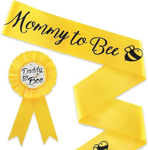 Decoraciones de baby shower, 2 paquetes de banda amarilla de mamá a abeja y insignia de papá a abeja, decoraciones de revelación de género de abeja,