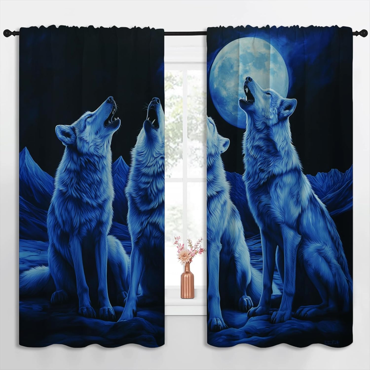 Wolf Blackout Curtains for Boys Girl Bedroom Home Decor, Natural Forest Wildlife Moon Howling Thermal Insulated Rod Pocket Darkening Living Room Window Drapes, 63 x 63 inch
