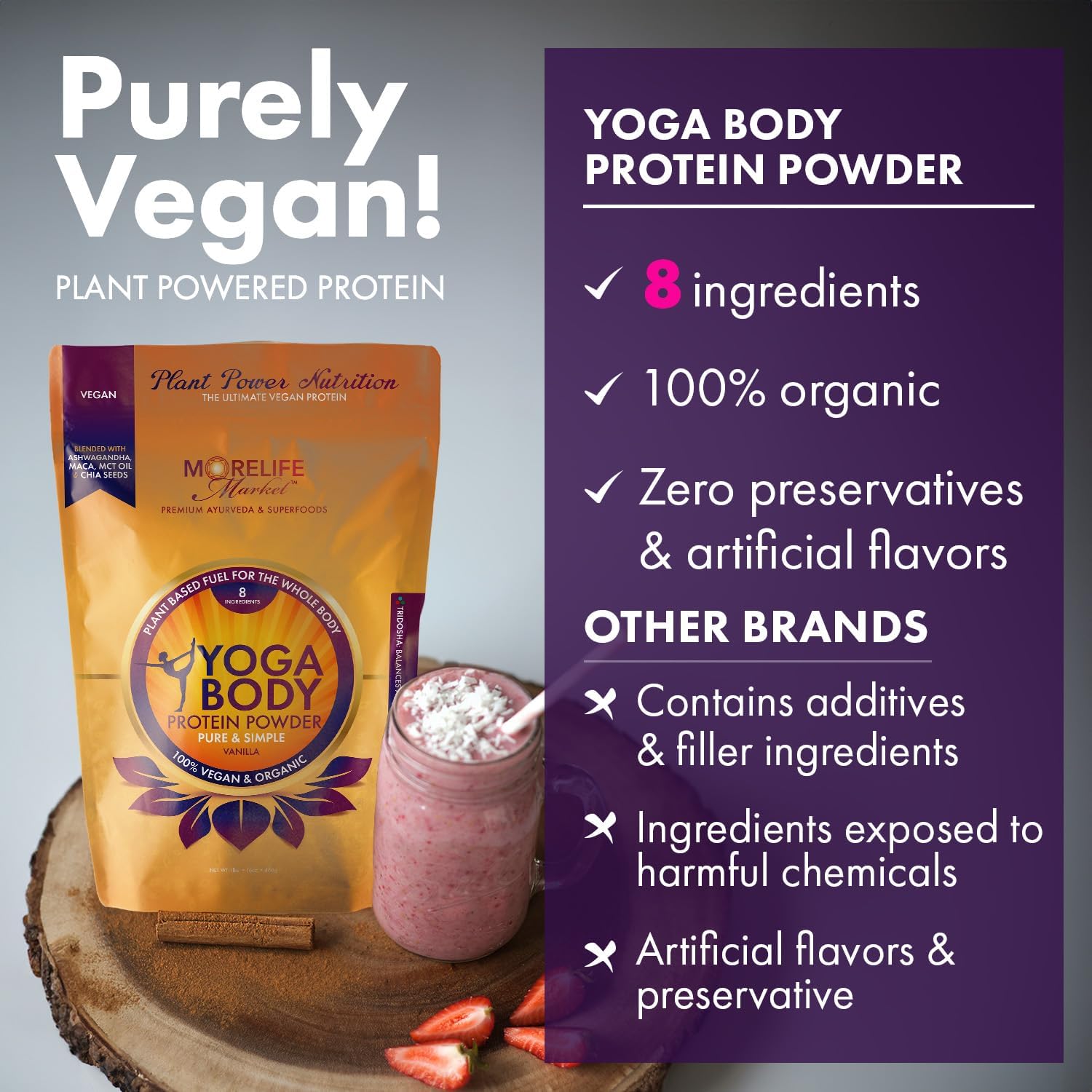 Yoga Body Protein Powder | 100% Vegan & Organic | Vanilla Flavor | Pea, Hemp, Chia | Plant Based Fuel | Meal Replacement | Ayurvedic-Friendly (1 lb)