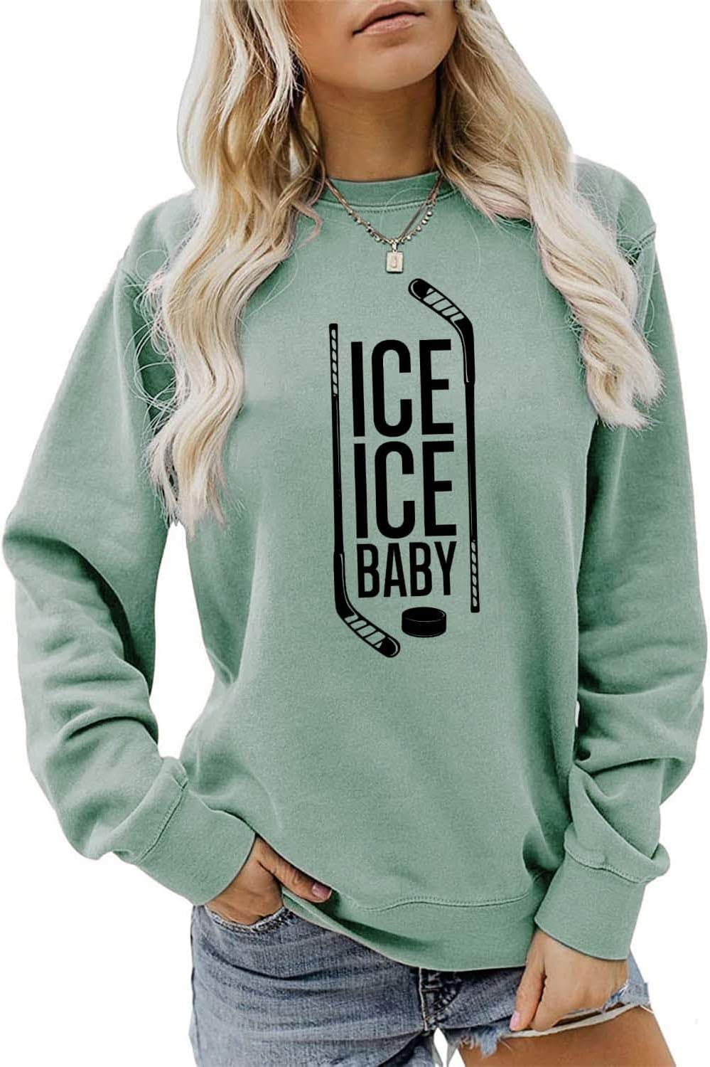 Ice Ice Baby Hockey Sweatshirt, Funny Hockey Mom Life Shirt Women Crewneck Hockey Lover Sweater Graphic Pullover Tops