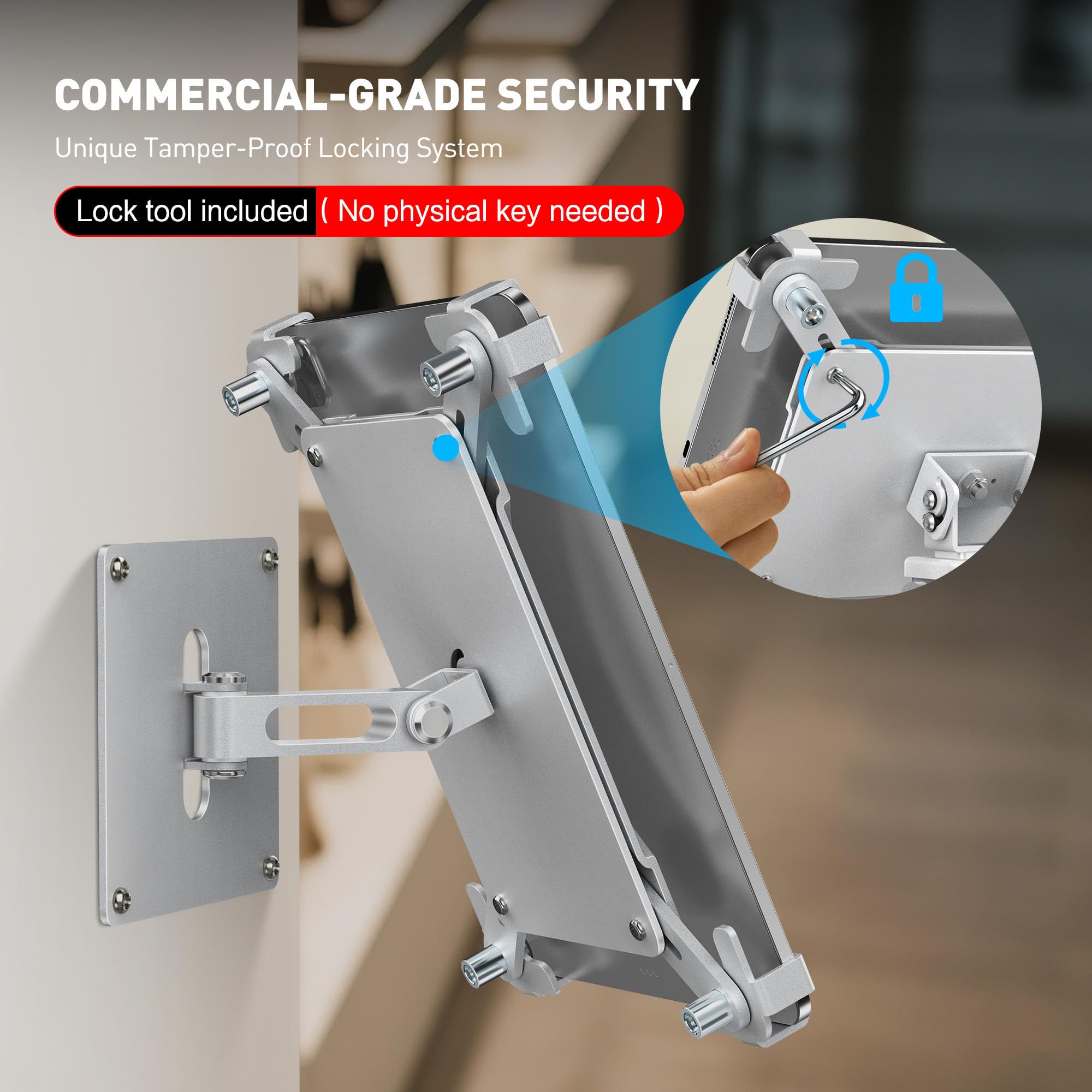 AboveTEK Soporte de Pared para Tablet, Soporte para iPad con función antirrobo (9,7" - 13"), rotación e inclinación de 360°, Soporte VESA para expositores comerciales de Punto de Venta-Plateado
