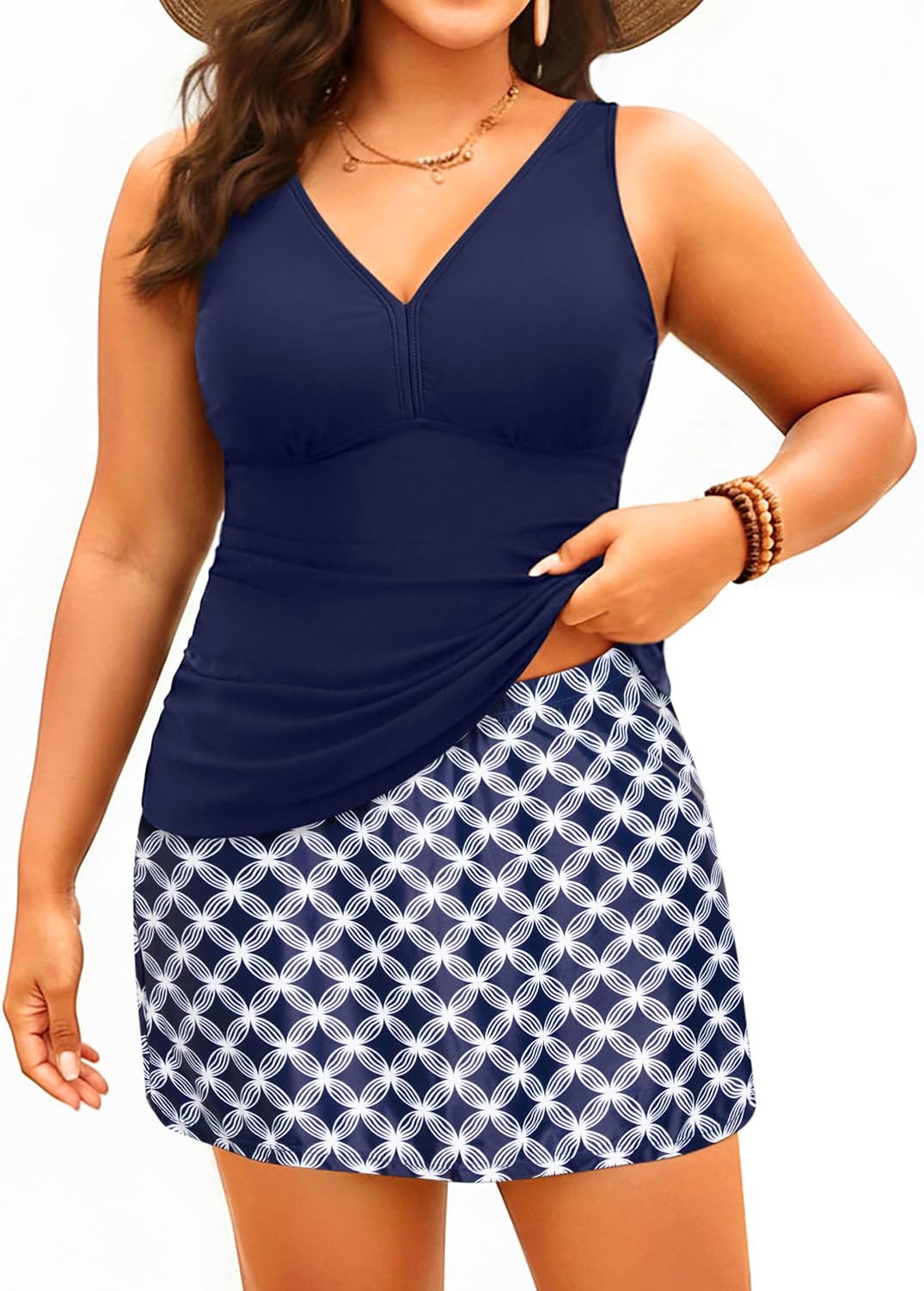 Daci Women Plus Size Tummy Control Tankini with Skirt Two Piece Bathing Suits V Neck Swimsuits