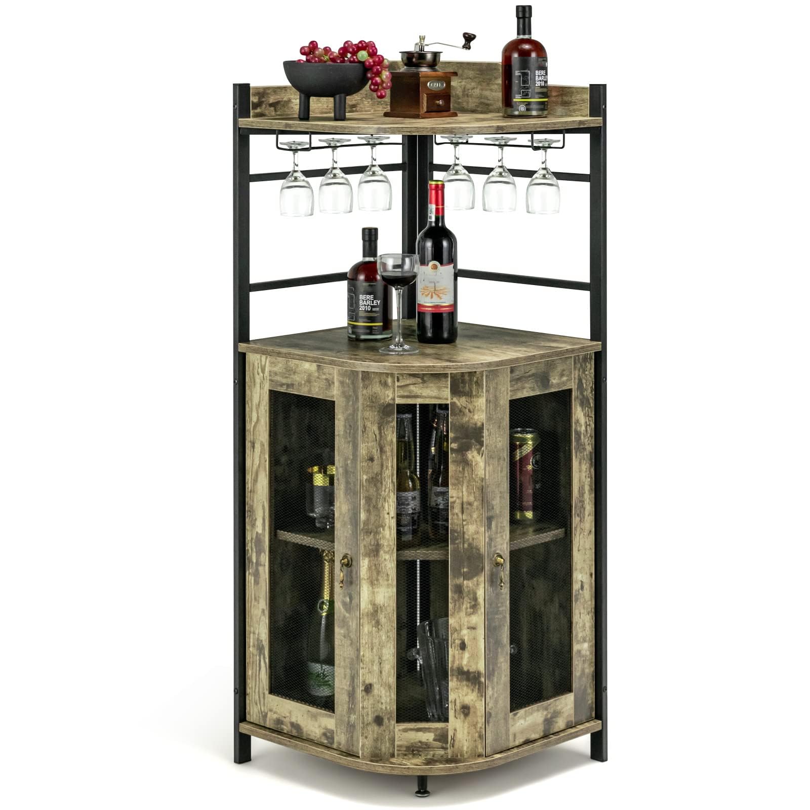 FANTASK Weinschrank Eckschrank, Barschrank Industrial mit Glashalter, Küche Hausbar aus Metallrahmen für Küche, Wohnzimmer, Esszimmer, 46 x 46 x 130 cm (Hellbraun)