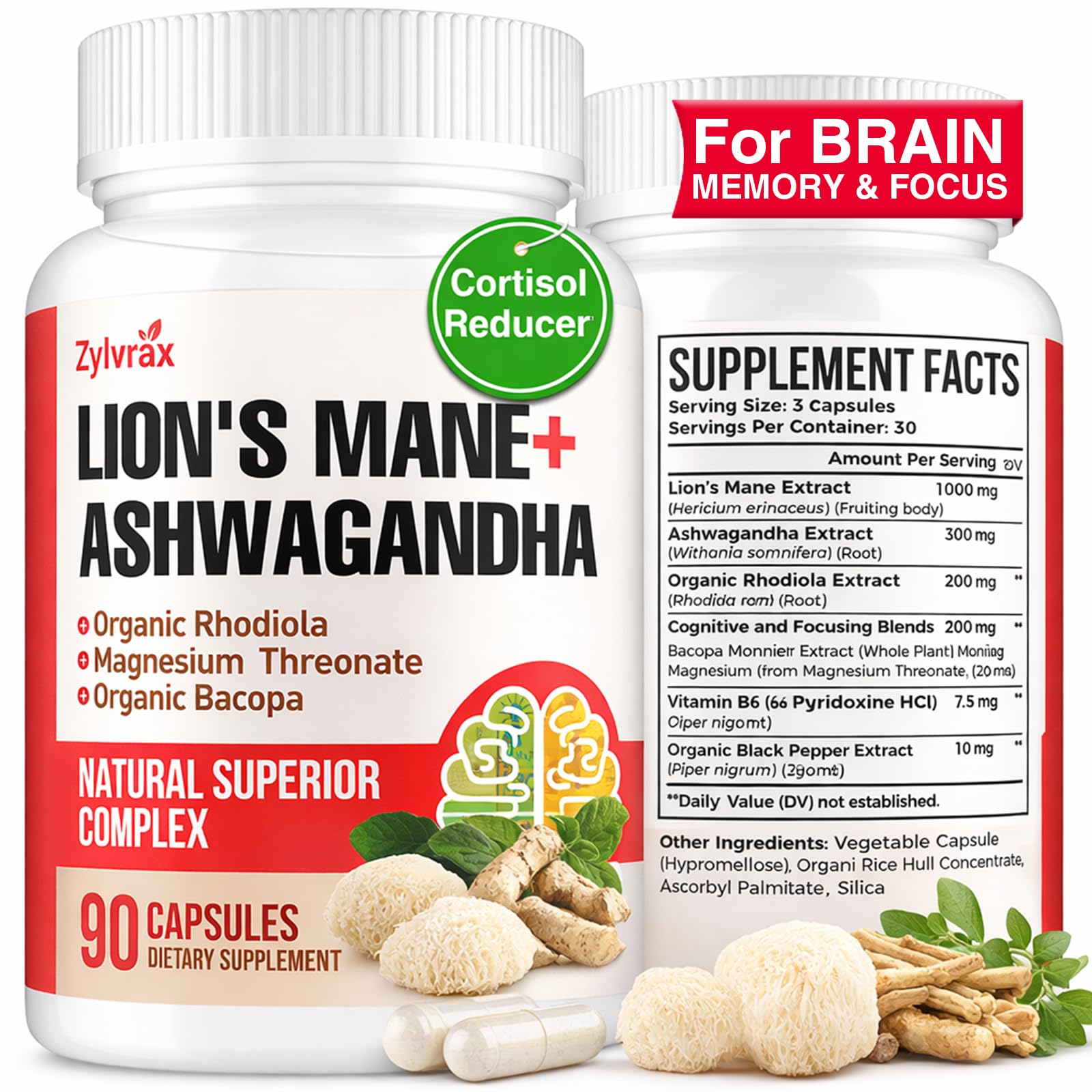 Ashwagandha Lions Mane Supplements Capsules, Brain Supplements, 90 Capsules 90 Count (Pack of 1)
