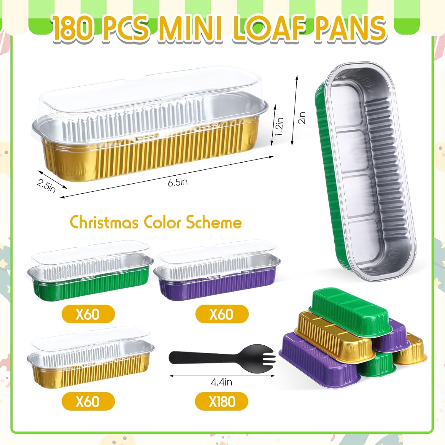 540 Pcs Mini Loaf Pans with Lids and Spoons 6.8 oz Rectangular Aluminum Foil Baking Pans Mini Cake Tins for Bread Desserts(Mardi Gras Color,Rectangle Style)