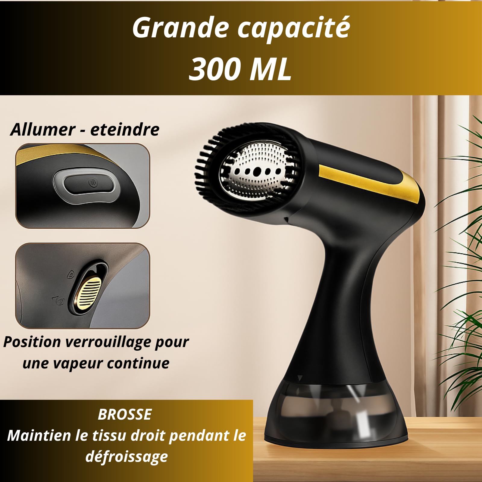 Défroisseur Vapeur Portable 1500W – Réservoir 300ml – Chauffe Rapide & Compact – Défroisseur à Main Puissant pour Vêtements, Chemises, Robes, Rideaux – Idéal Voyage et Maison – Noir & Doré