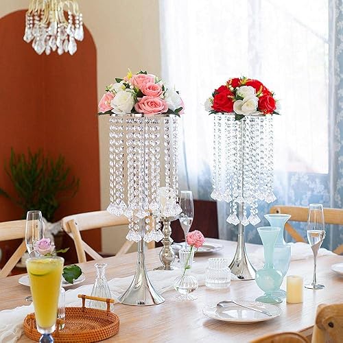 Miniatura 3 de 10 centros de mesa elegantes de 2188 pulgadas de alto con cristales de candelabro jarrón de metal soporte de flores plateadas para mesa centros de