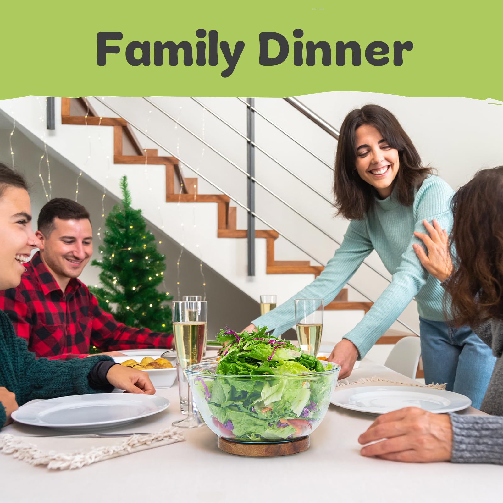 Ensaladera grande de cristal, juego de cuencos de ensalada de vidrio con base de madera de acacia y utensilios para servir ensaladas, juego de cuencos grandes para organizar fiestas y artículos