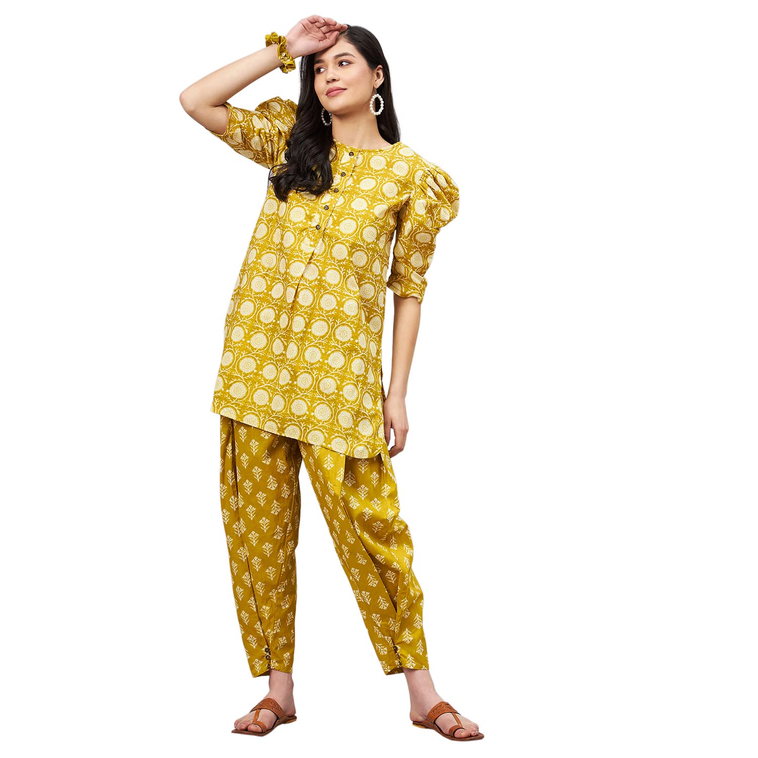 WineRed Woman Yellow Color Cotton Co-ord Set-picture-12