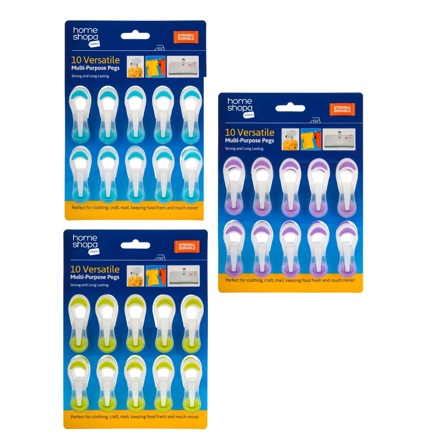 HOMESHOPA Premium Soft Grip Clothes Pegs (30 Pack) - Blue, Green or Purple - Modern Style - UV Stable Polymer & Rubber Material, Versatile Multi-Purpose Premium Pegs