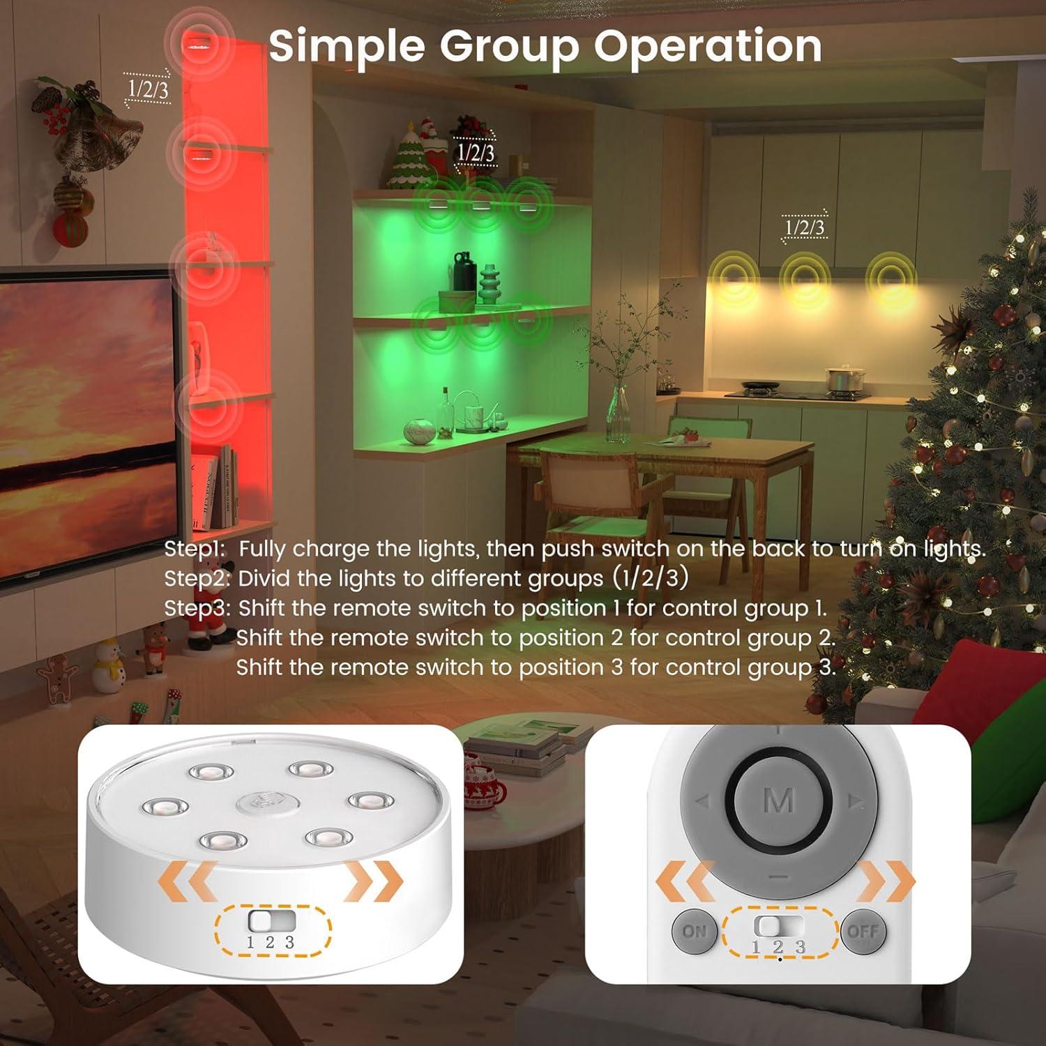 Rechargeable Under Cabinet Lighting 6 Pack, Wireless LED Puck Lights with Remote Control Sync and Groupable, 2600mAh Color Changing Dimmable Magnetic Tap Lights for Kitchen Cabinets Closet Shelves
