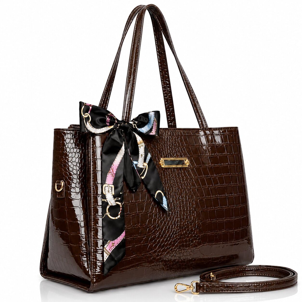 Women's Croco-Embossed Leather Tote Bag with Silk Scarf Accent & Detachable Shoulder Strap Large Capacity Shoulder Handbag Office, Shopping & Travel-image-25