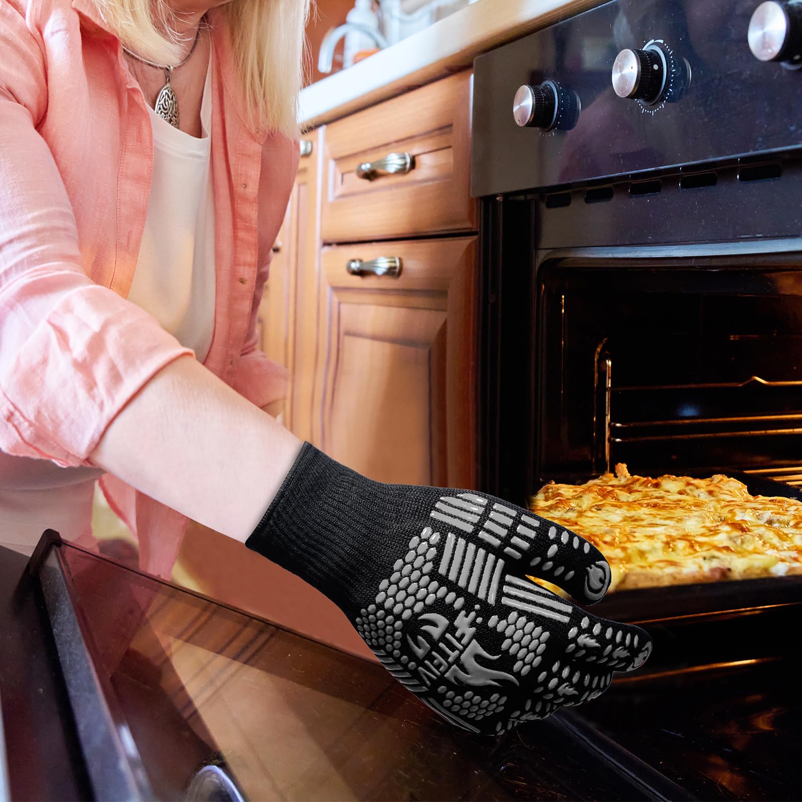 Guanti da barbecue, guanti da forno, resistenti al calore estremo fino a 800 °C, guanti da forno in silicone antiscivolo, guanti da cucina per cucinare, grigliare e cuocere al forno (grigio)