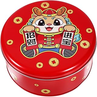 STOBAZA Cookie Tin with Lid 2024 Chinese New Year Cookie Tin Cake Candy Containers Year of The Dragon Chocolate Snack Storage Gift Tin Box - Round