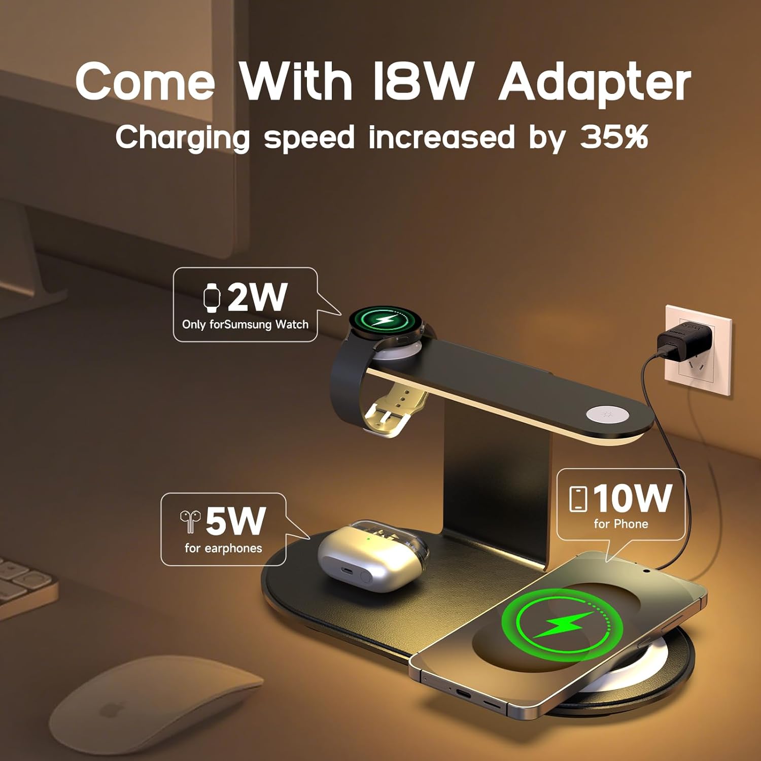 Aluminum 4-in-1 Charging Station for Samsung/Android with 3-Level Night Light, 18W Wireless Charger for Galaxy S25 Ultra/S24/S23/S22/Note 20,Galaxy Watch Ultra/8/7,Galaxy Buds 3 Pro(Black) - Image 4