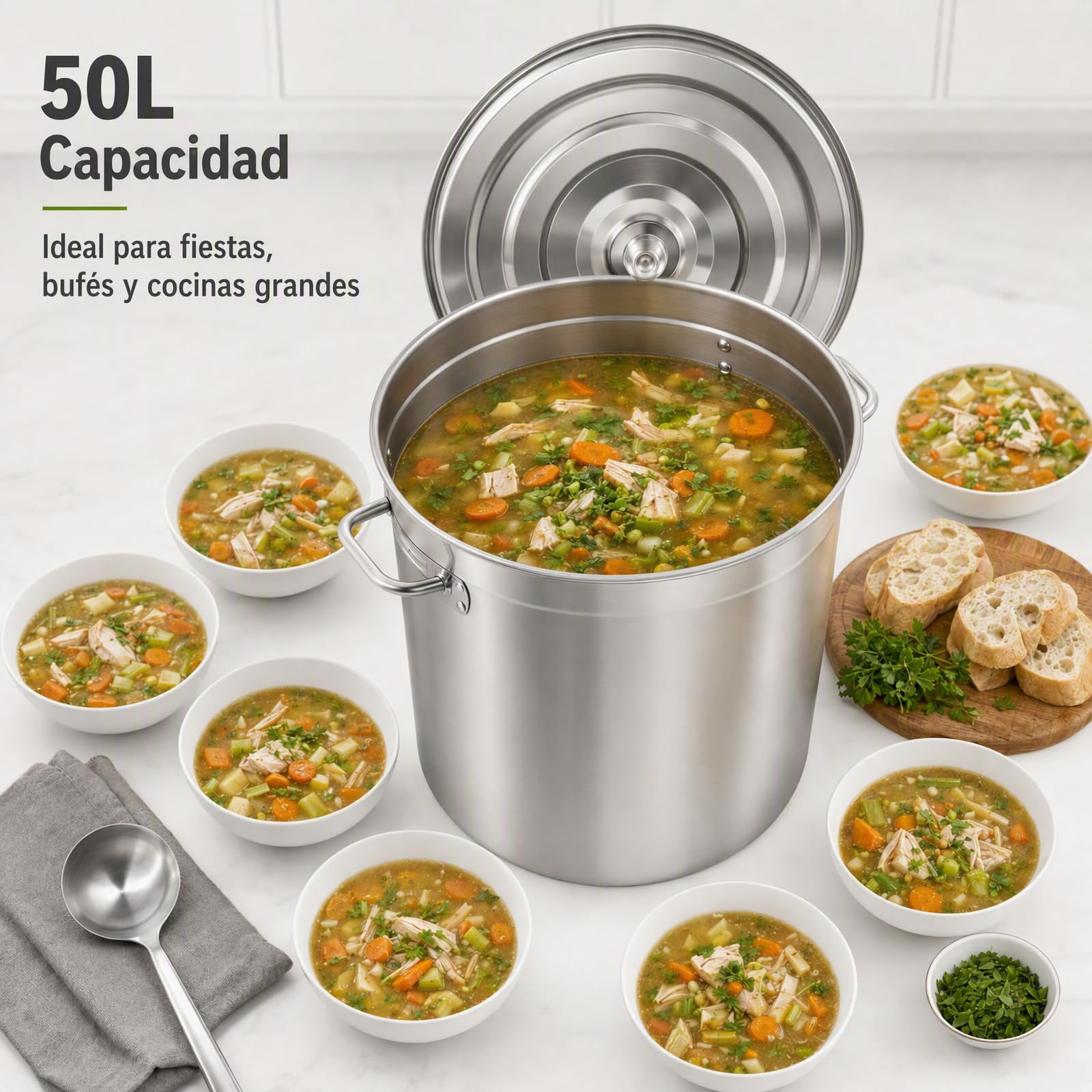 Olla grande de acero inoxidable de 50 L, para inducción con asas, base plana, tapa retráctil, diámetro de 40 cm, altura: 40 cm, olla de acero inoxidable grande para cocinas de gas, cocinas
