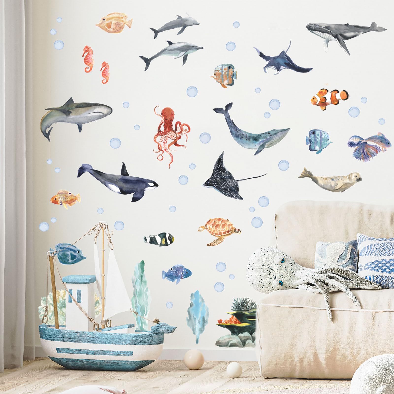 Stickerscape Muted Underwater Wall Stickers – Ocean Sea Life Wall Decals For Kids Room, Easy To Apply & Removable, Ideal For Nursery & Playroom Décor