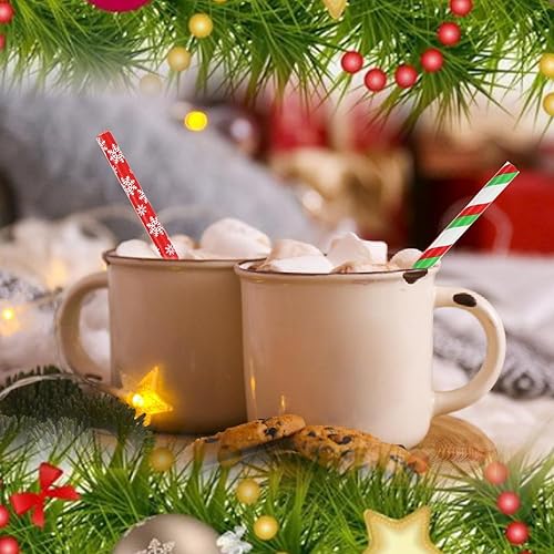 Miniatura 3 de NINU 100 pajitas de papel de Navidad, pajitas de copo de nieve para decoración de fiestas de Navidad y regalos de Navidad, 8 estilos