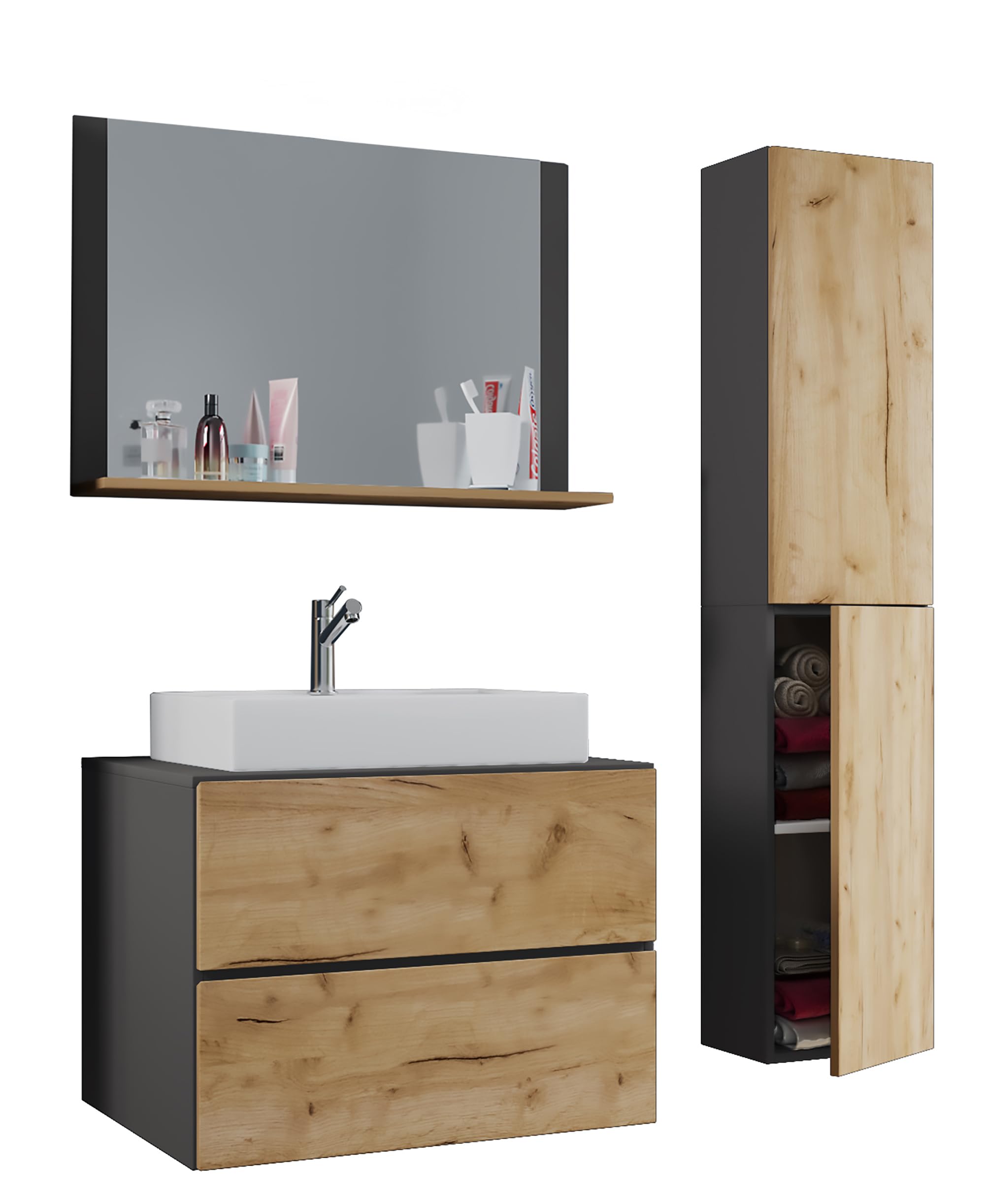 VCM Meuble Vasque Salle de Bain, Ensemble Salle de Bain Meuble, Ensemble Meuble Vasque Salle de Bain Anthracite/Chêne Miel