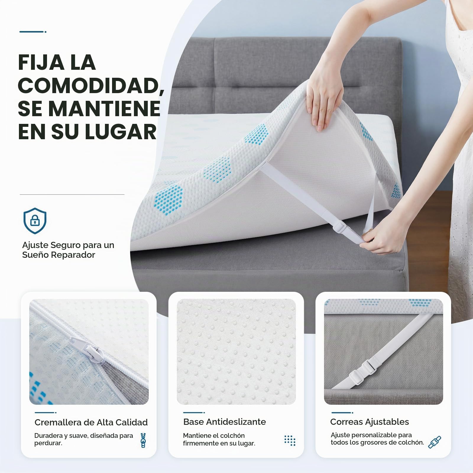 Topper Viscoelástico 140x190 Grosor 7 cm, Cubrecolchon con Gel Transpirable | Sobrecolchon Espuma Alta Densidad, Funda Lavable, Correas, Compatible con Muelles, Caravanas, Sofá, Individuales y Matrimonio