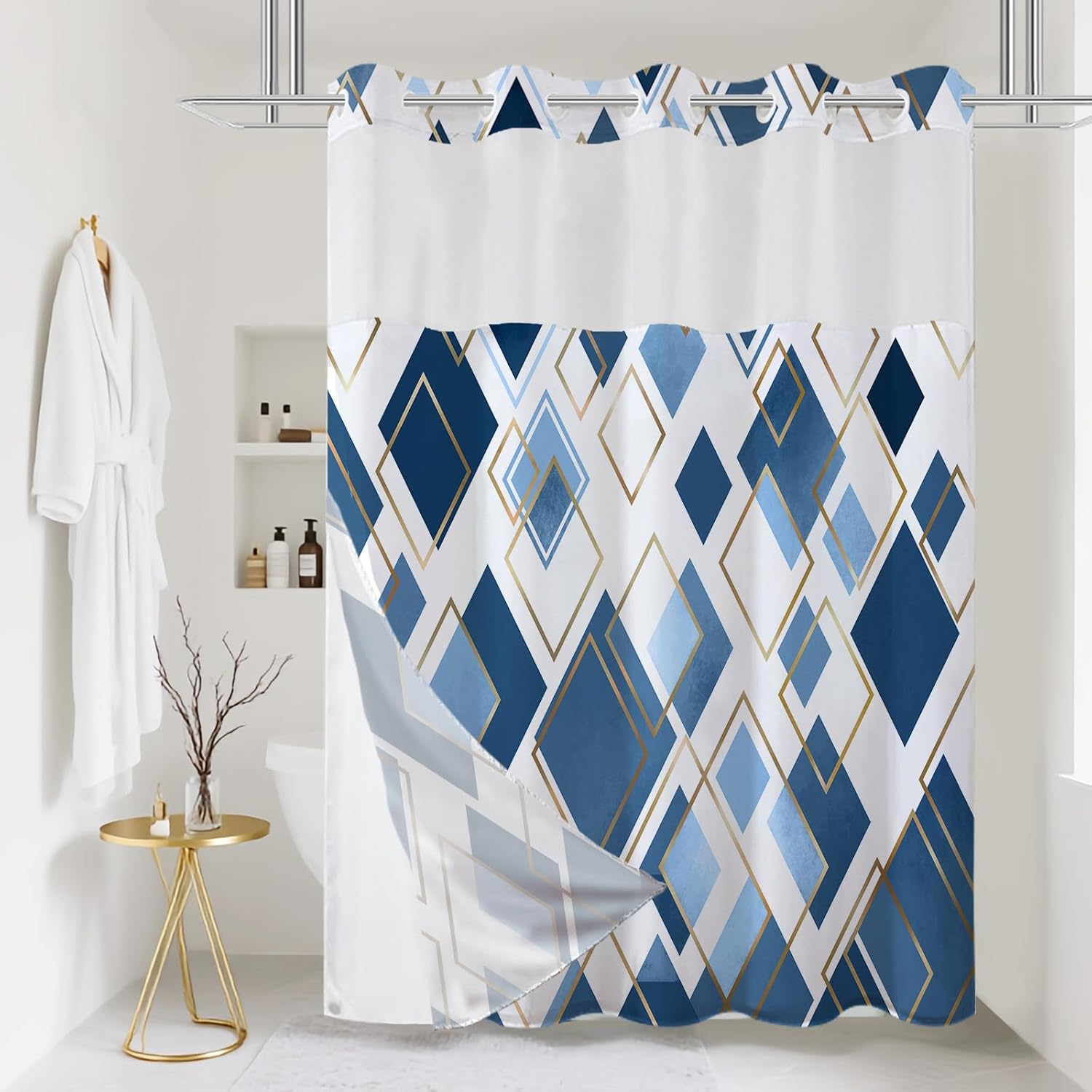 No Hook Shower Curtain with Snap in Liner Set, Blue Modern Geometric Shower Curtains for Bathroom, Hotel Fabric Bath Curtain with Mesh Top Window, Waterproof & Quick Dry, Navy 71" x 74"