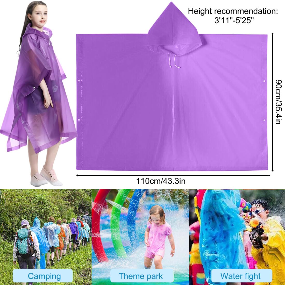Poncho Impermeable Niños, Espesar Reutilizable EVA Chubasquero con Capucha y Botones para Niño Niña, Infantiles Traje de Liuvia con Capucha y Botón para Escuela Senderismo Ciclismo Viajes