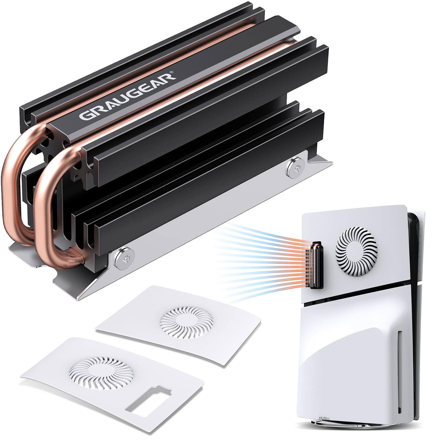 GRAUGEAR PS5 Slim M.2 SSD Cooling Pack, Ventilation PS5 Slim Cover and Open-Air M.2 SSD Heatsink, Heat Pipe Cooler for PS5 M.2 SSD, Cross Ventilation